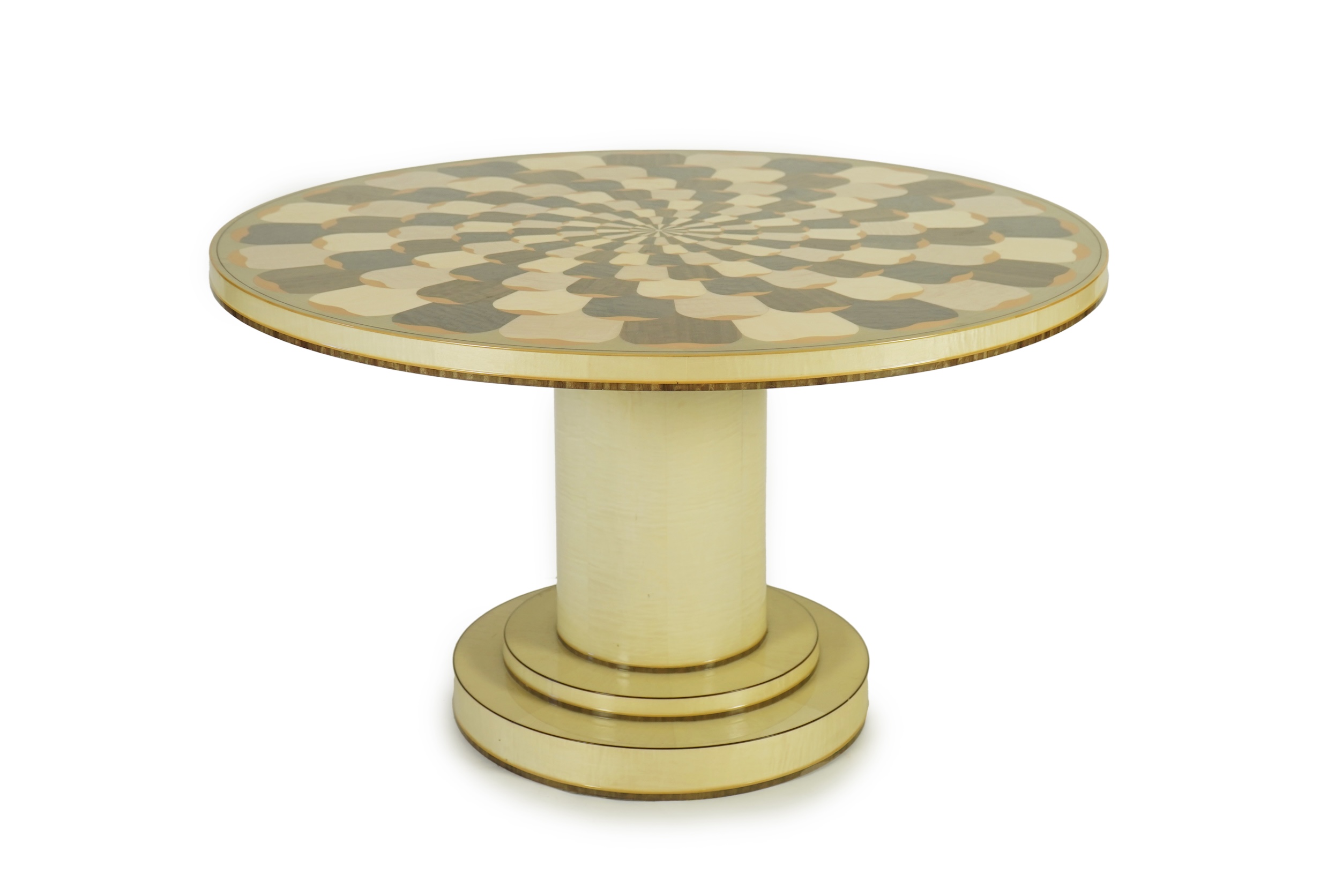 Lignae: A contemporary chrysanthemum and specimen wood inlaid circular tilt top centre table